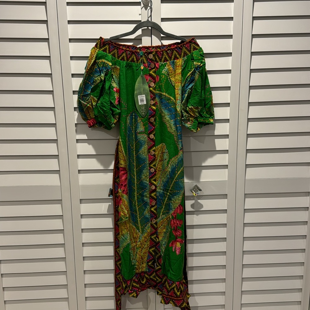 FARM Rio NWT Banana Leaves Off the Shoulder Midi Dress W/Belt and Puff Sleeves. - Picture 4 of 14